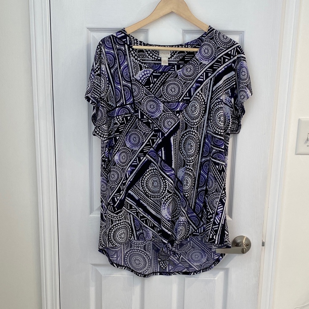 Chico’s Geometric Patterned Purple and Black Women's Top, Tie waist, Flowy, 16